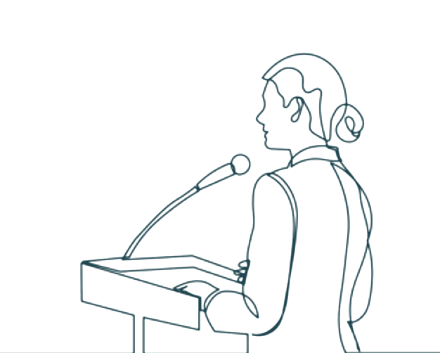 Continuous one-line drawing of a woman speaking at a podium