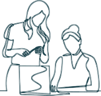 Continuous one-line drawing of two women collaborating over a laptop